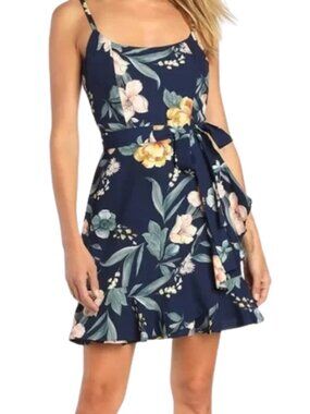 NWT Lulus Navy Floral Mini Dress Spaghetti Strap Tie Waist Summer Style Derby